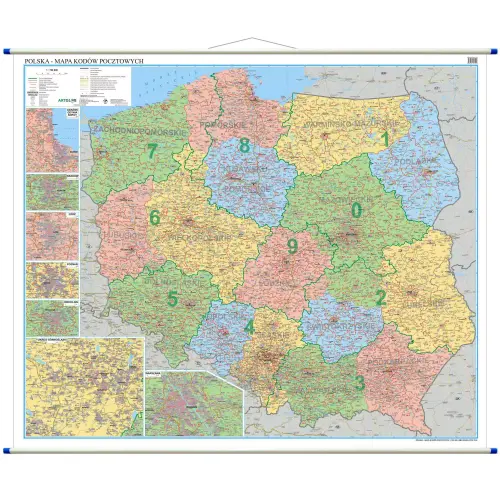 Polska mapa ścienna kody pocztowe, 1:700 000, 120x100 cm, ArtGlob