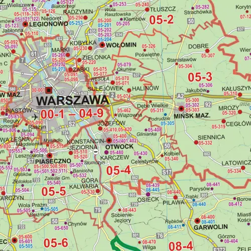 Polska mapa ścienna kody pocztowe, 1:700 000, 120x100 cm, ArtGlob