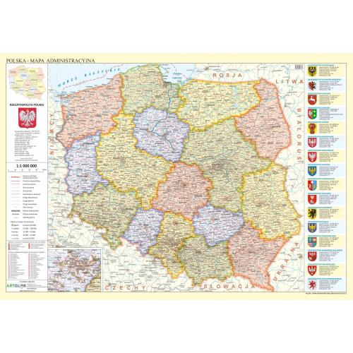 Polska mapa ścienna administracyjna 1:1 000 000, 100x70cm, ArtGlob