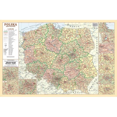 Polska kody pocztowe mapa - dwustronna podkładka na biurko, 60x40 cm, EkoGraf