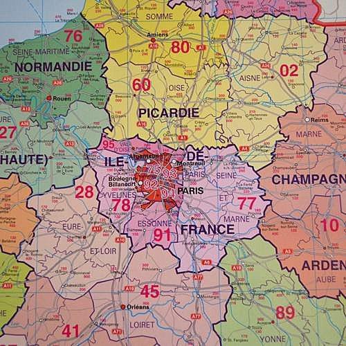 Francja. Mapa kody pocztowe 1:1 000 000, 97x119 cm