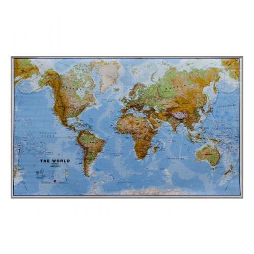Świat mapa ścienna fizyczna (w ramie/pinboard/magnetyczna), 1:30 000 000, 136x84 cm