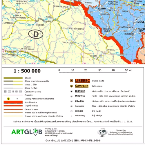 Czechy. Mapa ścienna administracyjna w języku czeskim 1:500 000, 100x70 cm, ArtGlob