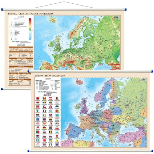 Europa. Mapa ścienna polityczno - fizyczna dwustronna, 1:12 000 000, 58x38 cm, ArtGlob