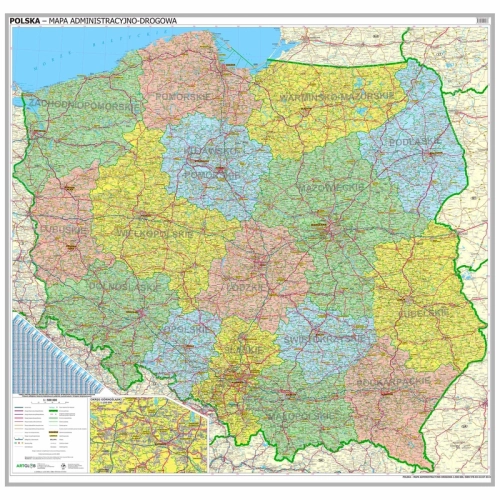 Polska mapa ścienna administracyjno-drogowa, 1:500 000, 140x145 cm - rama aluminiowa