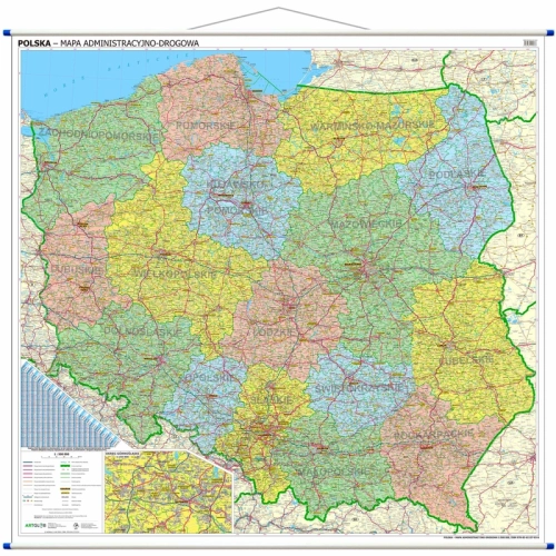 Polska mapa ścienna administracyjno-drogowa, 1:500 000, 140x145 cm - oprawa rurki pcv