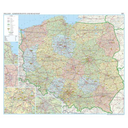 Polska mapa na ścianę adminstracyjno- drogowa 120x100 cm, 1:700 000, ArtGlob