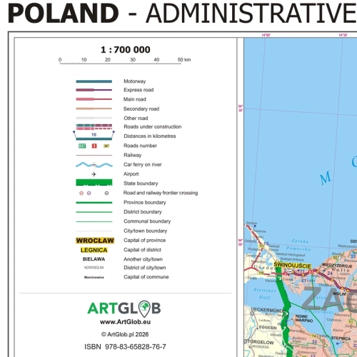 Polska mapa ścienna administracyjno - drogowa 1:700 000 ,120x100 cm - wersja angielska, zbliżenie na legendę mapy, SwiatMap.pl