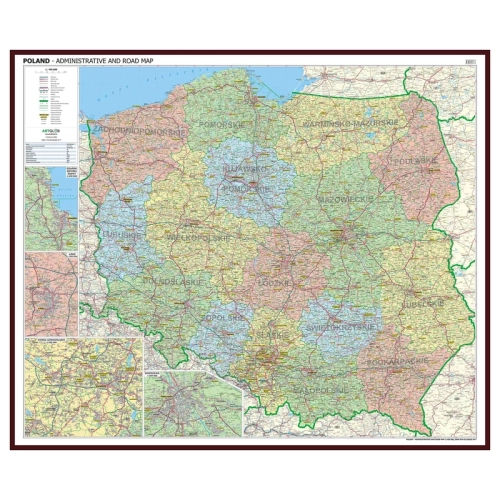 Polska mapa ścienna administracyjno - drogowa 1:700 000 ,120x100 cm - wersja angielska, rama drewniana, SwiatMap.pl