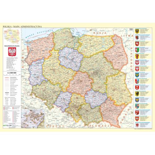 Polska administracyjna mapa ścienna - naklejka bezklejowa na ścianę 1:1 000 000, 100x70cm, ArtGlob
