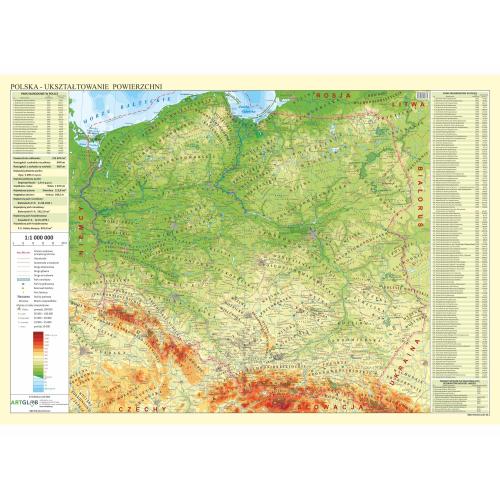 Polska mapa fizyczna - naklejka bezklejowa na ścianę 1:1 000 000, 100x70cm, ArtGlob