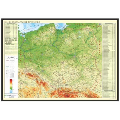 Polska mapa ścienna fizyczna 1:1 000 000, 100x70cm, ArtGlob