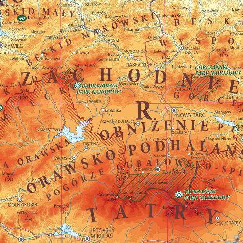 Polska fizyczna mapa ścienna - naklejka 1:700 000, 140x100 cm, ArtGlob