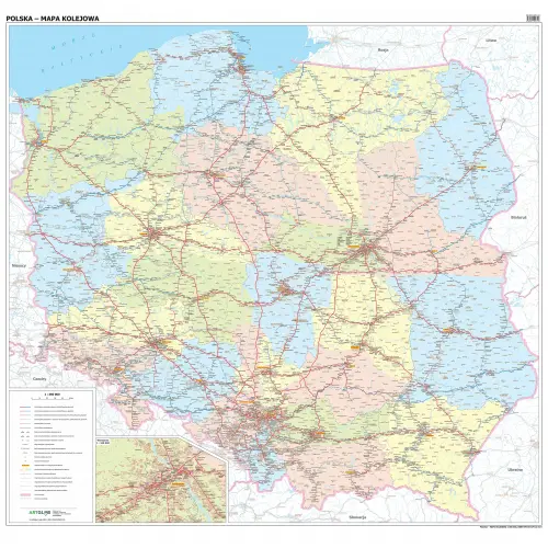Polska - mapa ścienna kolejowa, 1:350 000 205x200 cm, ArtGlob