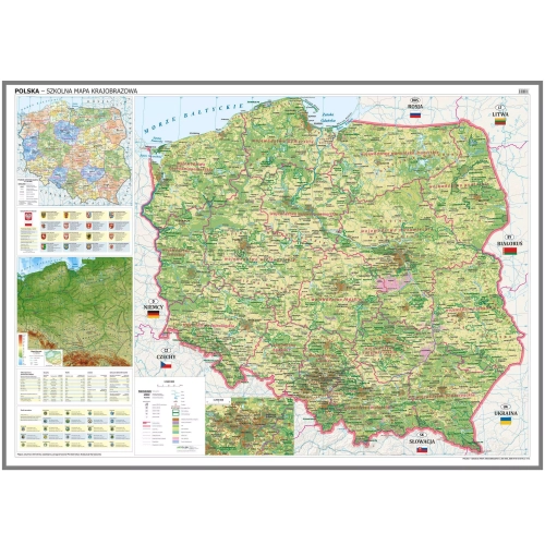 Polska. Szkolna mapa ścienna krajobrazowa 1:500 000, 194x140 cm, rama aluminiowa, SwiatMap.pl