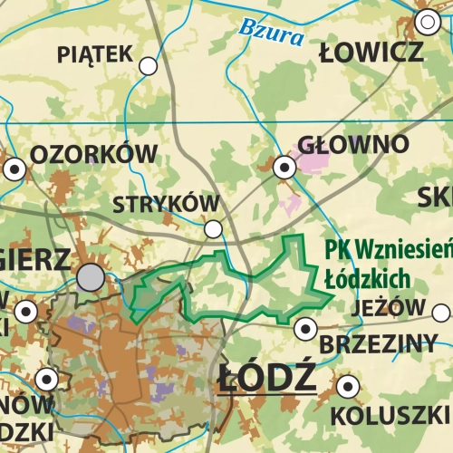 Polska. Szkolna mapa ścienna krajobrazowa 1:500 000, 194x140 cm, zbliżenie na mapę Łodzi, SwiatMap.pl