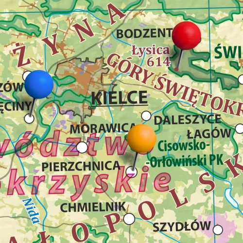 Polska. Szkolna mapa ścienna krajobrazowa 1:500 000, 194x140 cm, możliwość oznaczania pinezkami, SwiatMap.pl