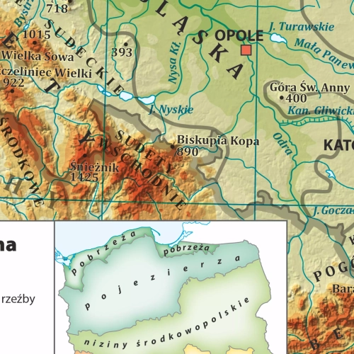 Polska. Szkolna mapa ścienna krajobrazowa 1:500 000, 194x140 cm, miniatury map, SwiatMap.pl