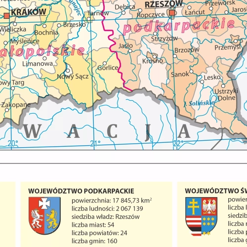 Polska. Szkolna mapa ścienna krajobrazowa 1:500 000, 194x140 cm, informacje o województwach, SwiatMap.pl