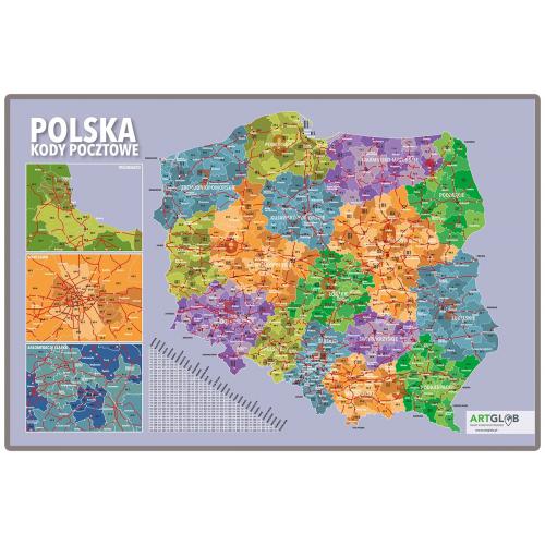 Polska mapa ścienna kody pocztowe, 100x70 cm
