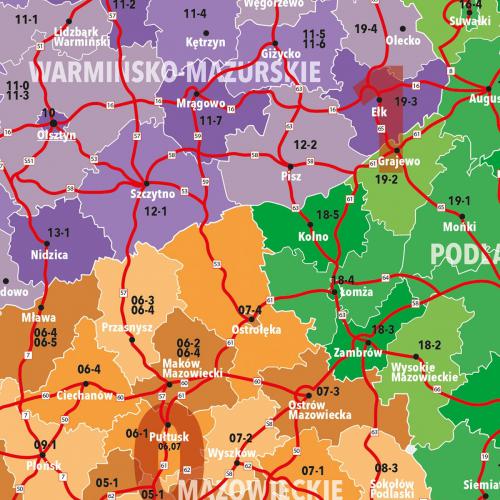 Polska mapa ścienna kody pocztowe, 100x70 cm