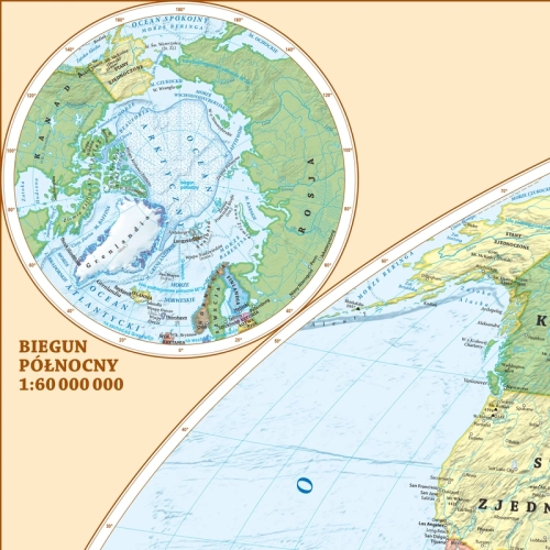 Świat. Mapa ścienna polityczna, 1:35 000 000, 100x70 cm, zbliżenie Biegun Północny, SwiatMap.pl