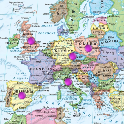 Świat. Mapa ścienna polityczna, 1:35 000 000, 100x70 cm, zbliżenie Euroopa, magnesy, SwiatMap.pl