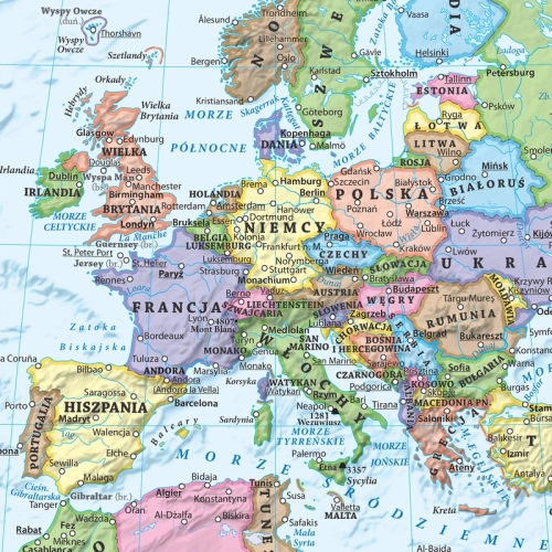 Świat. Mapa ścienna polityczna, 1:35 000 000, 100x70 cm, zbliżenie Europa, SwiatMap.pl