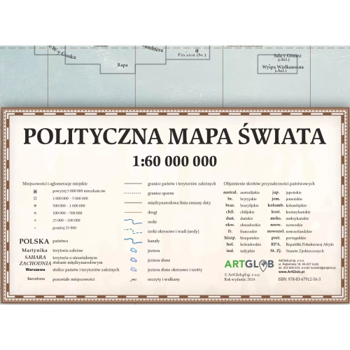 Świat mapa ścienna polityczna - stylizowana 1:60 000 000, 70x50 cm, zbliżenie na legendę, SwiatMap.pl