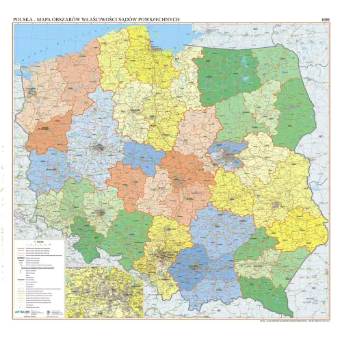 Polska - mapa ścienna obszarów właściwości sądów powszechnych 1:500 000, 140x145 cm, ArtGlob