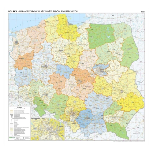 Polska. Mapa ścienna obszarów właściwości sądów powszechnych 1:500 000, 140x145 cm, arkusz, SwiatMap.pl