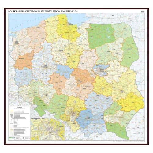 Polska. Mapa ścienna obszarów właściwości sądów powszechnych 1:500 000, 140x145 cm, rama drewniana, SwiatMap.pl