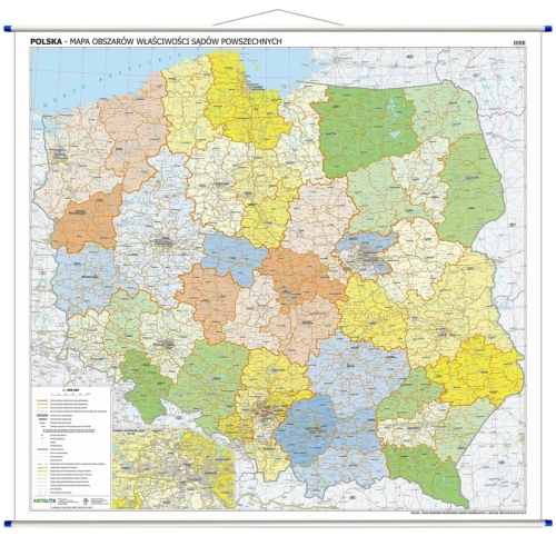 Polska. Mapa ścienna obszarów właściwości sądów powszechnych 1:500 000, 140x145 cm, SwiatMap.pl