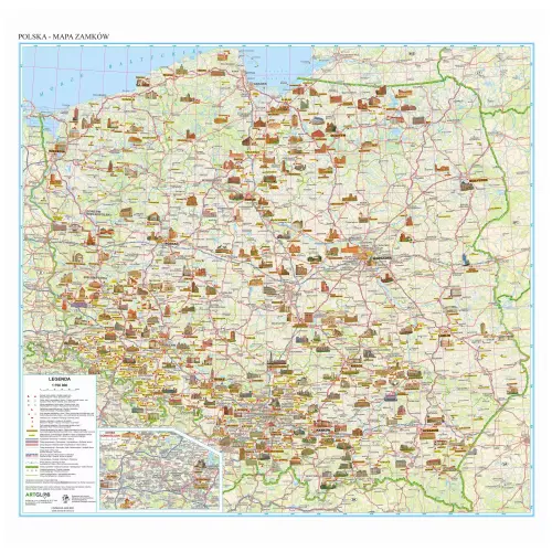 Polska mapa ścienna zamków 1:700 000, 108x102 cm, ArtGlob