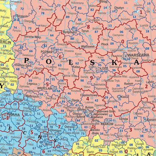Europa mapa ścienna kody pocztowe 1:4 000 000, 100x70 cm - naklejka samoprzylepna