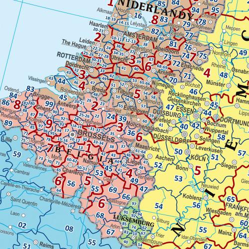 Europa mapa ścienna kody pocztowe 1:4 000 000, 100x70 cm - naklejka samoprzylepna