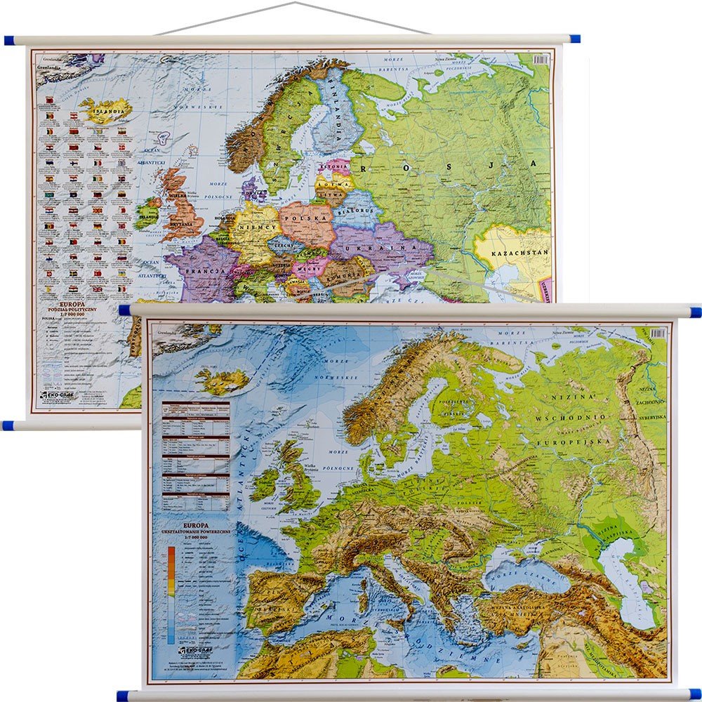 Europa. Mapa dwustronna polityczno-fizyczna 1:7 000 000, 100x70 cm