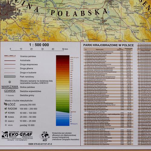 Polska mapa ścienna fizyczna dwustronna, do ćwiczeń 1:500 000, 145x140 cm