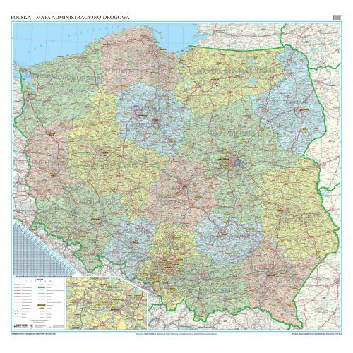 Polska mapa ścienna administracyjno-drogowa z tablicami rejestracyjnymi 1:500 000, 145x140cm, EkoGraf