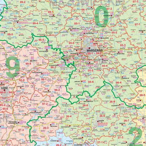 Polska mapa ścienna administracyjno-drogowa z kodami pocztowymi 1:700 000, 120x100 cm, EkoGraf