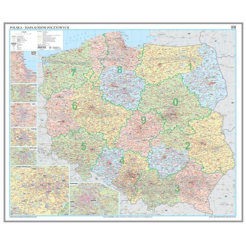Polska mapa ścienna administracyjno-drogowa z kodami pocztowymi 1:700 000, 120x100 cm, EkoGraf