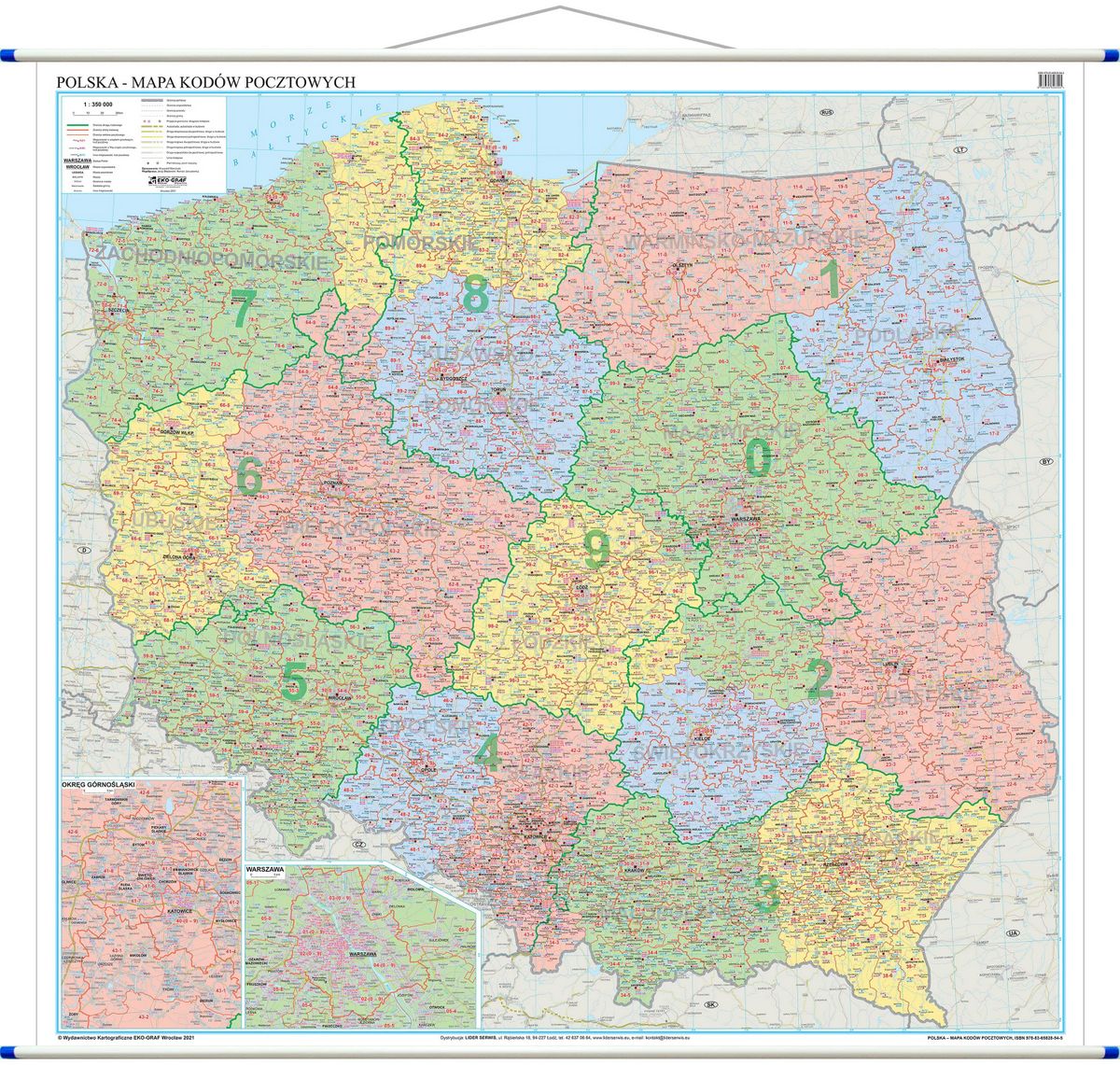 Polska mapa ścienna kody pocztowe 1:350 000, 205x200 cm