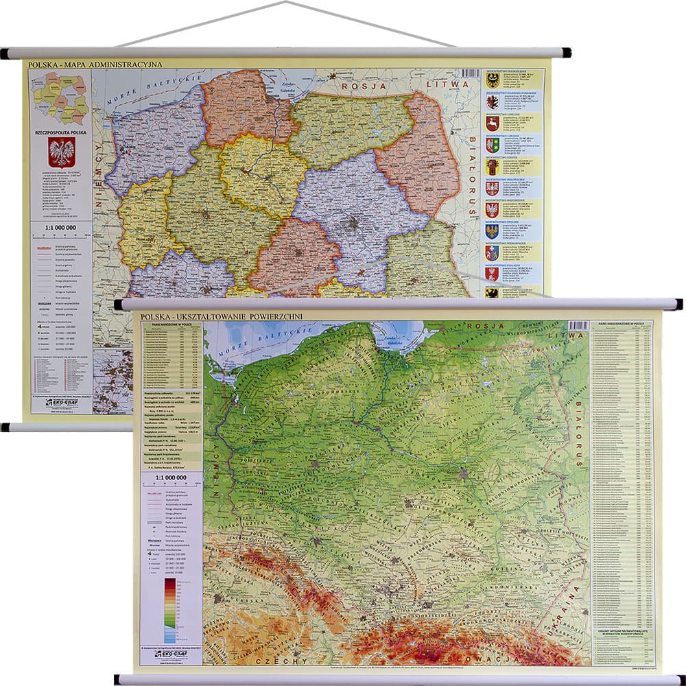 Polska mapa ścienna dwustronna fizyczno-admnistracyjna 1:1 000 000, 100x70 cm
