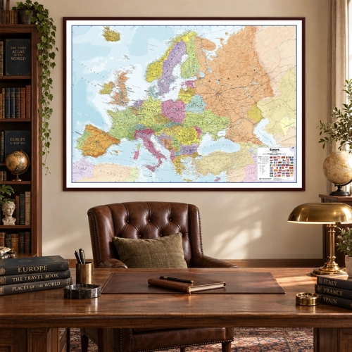 /AI/ Aranżacja - Europa mapa ścienna polityczno-drogowa w drewnianej ramie w gabinecie, SwiatMap.pl
