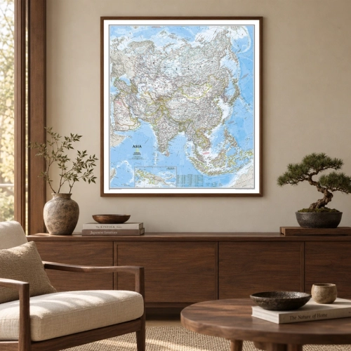 /AI/ Azja Classic. Mapa ścienna polityczna 1:13 812 000, 97×84 cm, aranżacja: salon, rama drewniana, SwiatMap.pl