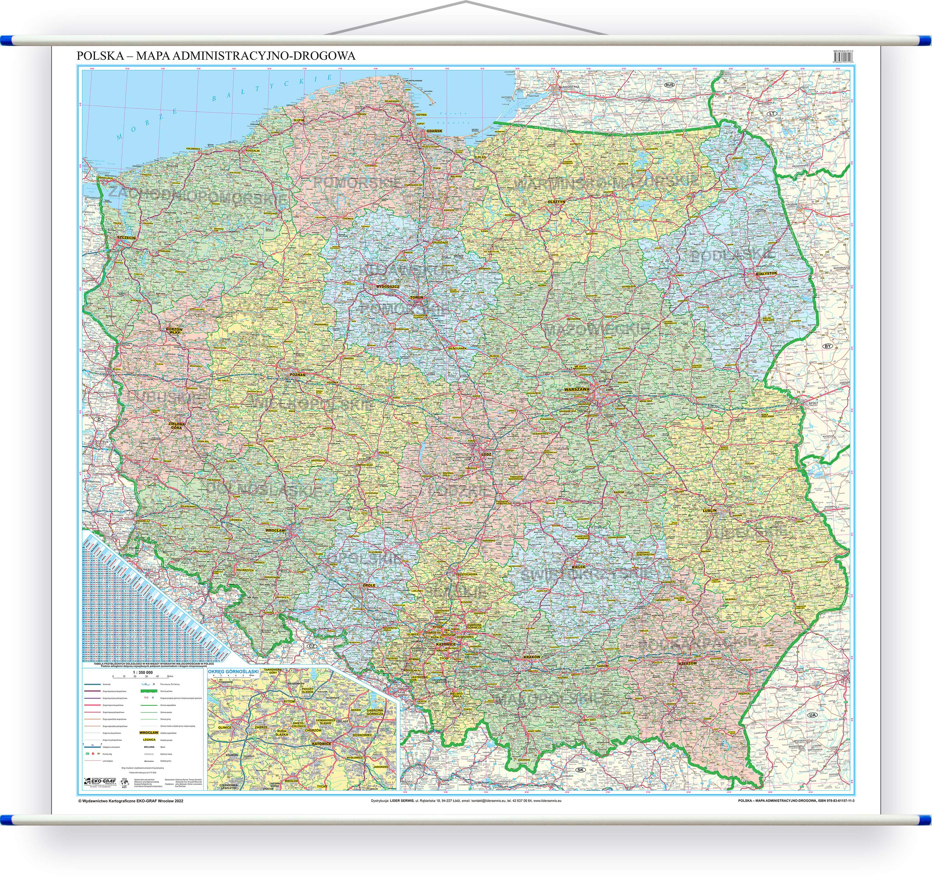 Polska mapa ścienna administracyjno-drogowa 1:350 000, 205x200 cm