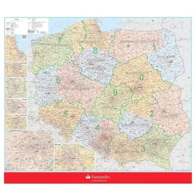 Mapa Polski kodów pocztowych z wyróżnionymi obszarami obsługi