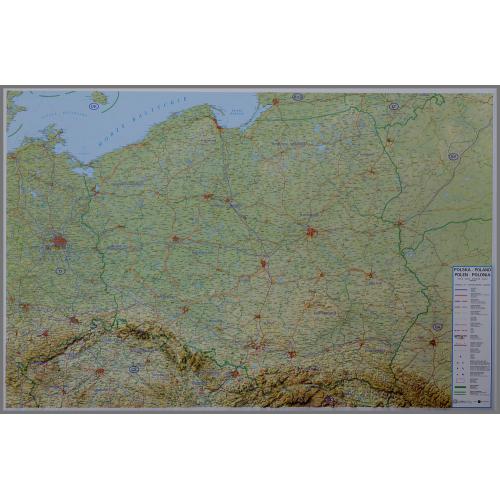 Polska mapa ścienna plastyczna w ramie aluminiowej / wypukła / 3D/