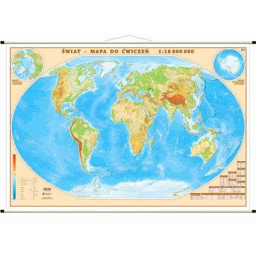 Świat mapa ścienna dwustronna fizyczna do ćwiczeń 1:18 000 000, 194x139 cm