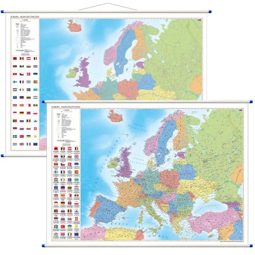 Europa. Mapa ścienna, szkolna dwustronna polityczna do ćwiczeń, 1:3 250 000, 194x139 cm, ArtGlob